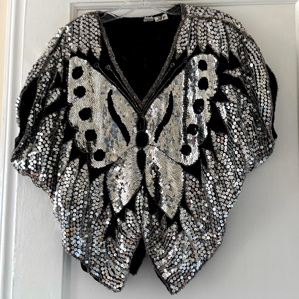 Vintage 70s Silk Butterfly Blouse Silver Sequins Disco Sparkle 80s Glam